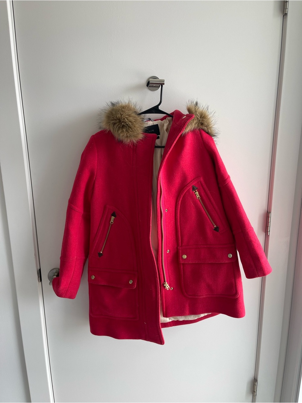 J Crew Italian Wool  Red Hooded Coat with Faux Fur Trim